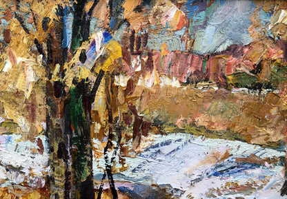 The last day textured impasto tree oil painting in snowy landscape