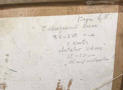 Handwritten label on textured off-white paper, back of The last day oil painting