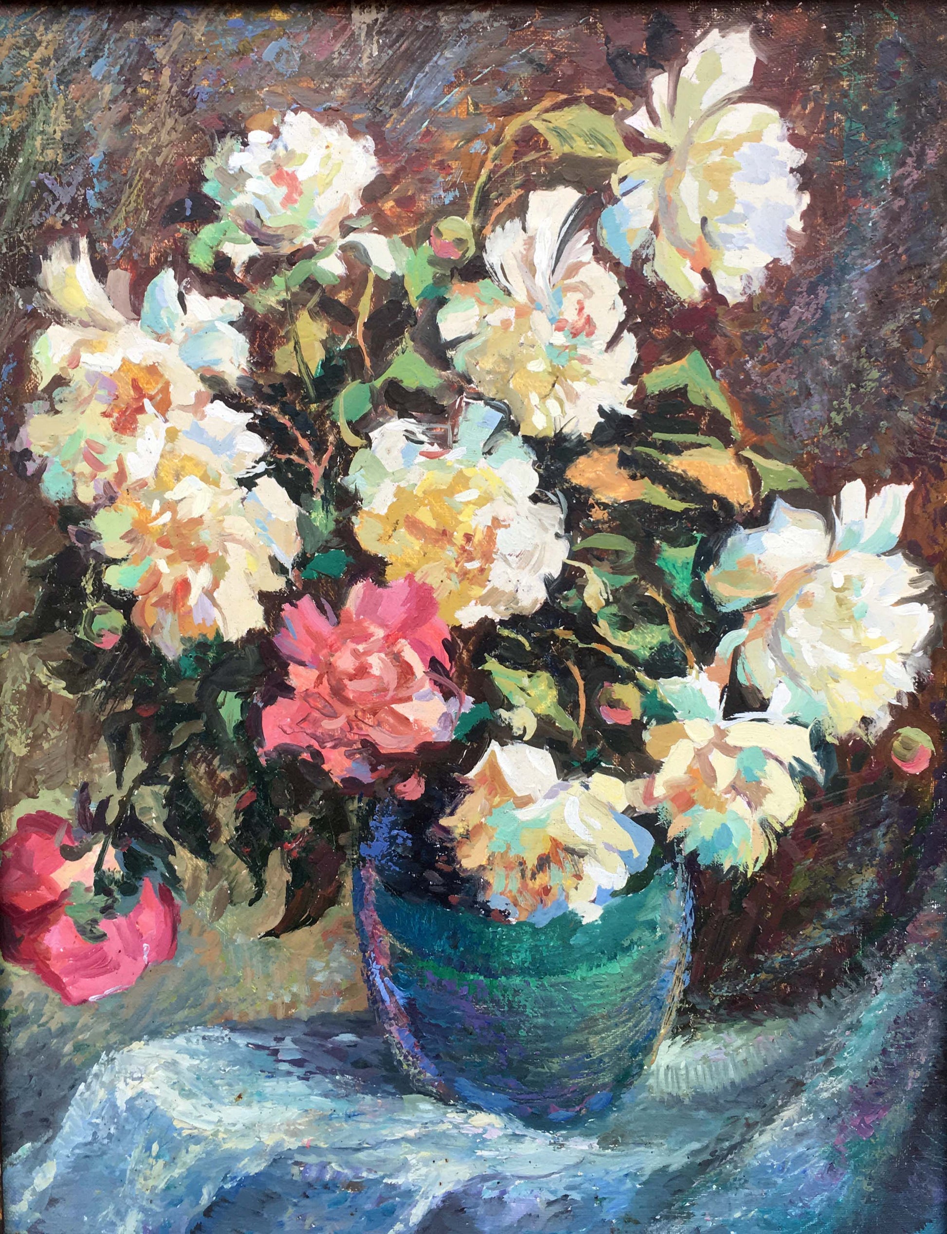 Vibrant white and pink peonies in teal vase, Peony oil painting by V.Khomchuk