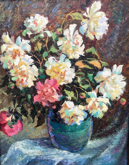 Vibrant peony oil painting by V.Khomchuk in teal vase