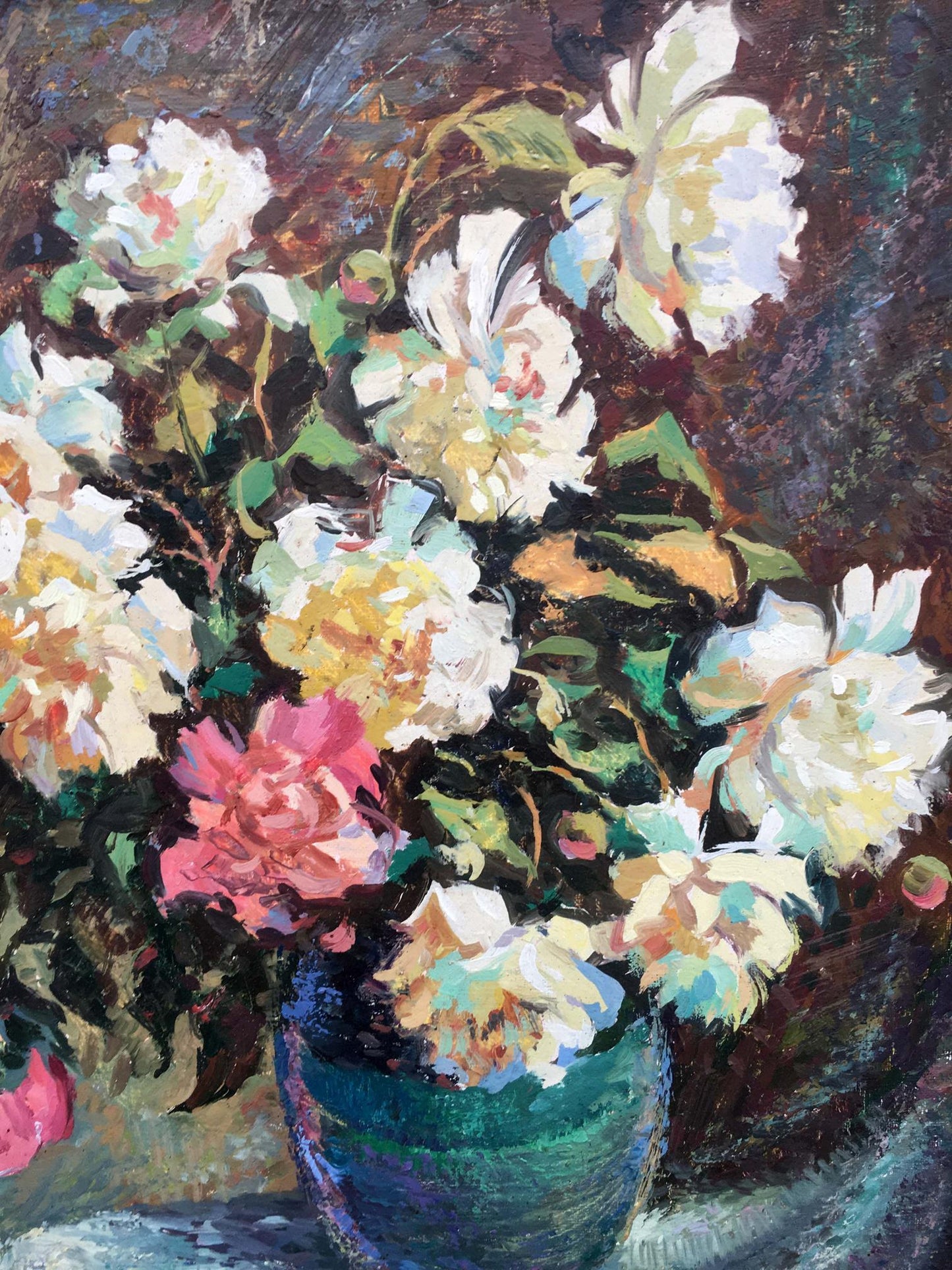 Vibrant white, pink, yellow peonies in teal vase, Peony oil painting by V.Khomchuk