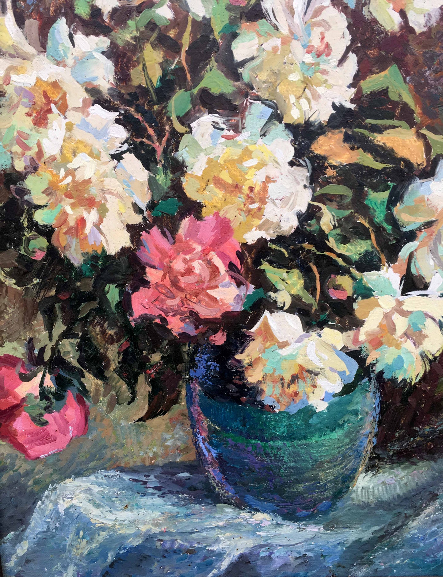 Vibrant impressionistic peony bouquet in teal vase oil painting by V.Khomchuk