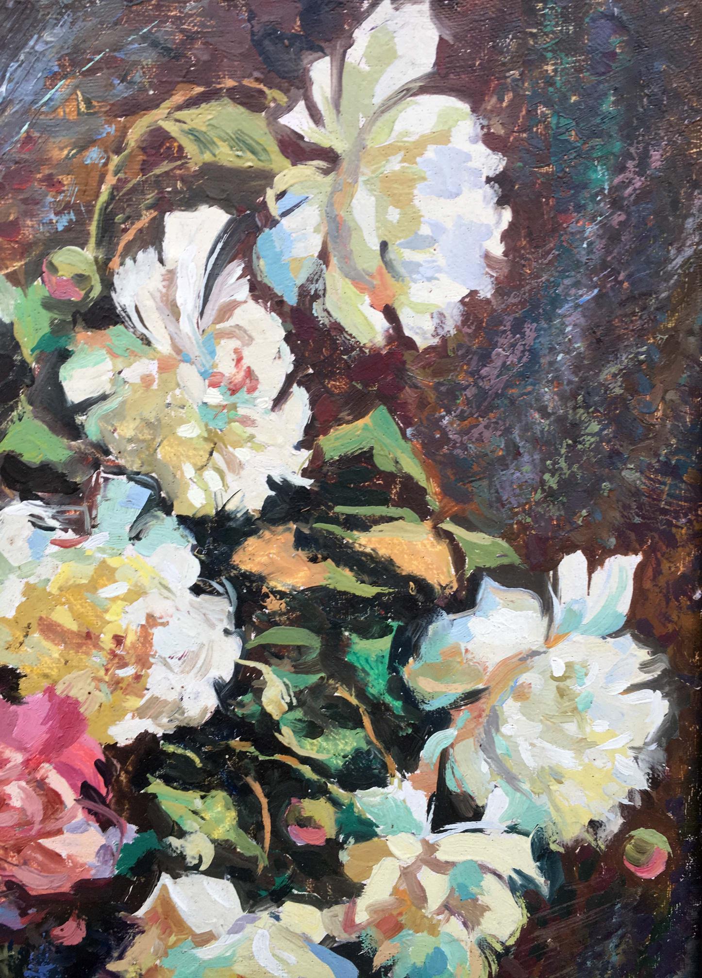 Vibrant Peony oil painting by V.Khomchuk with pink peonies and green leaves