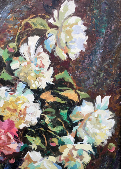 Vibrant Peony oil painting by V.Khomchuk with pink peonies and green leaves