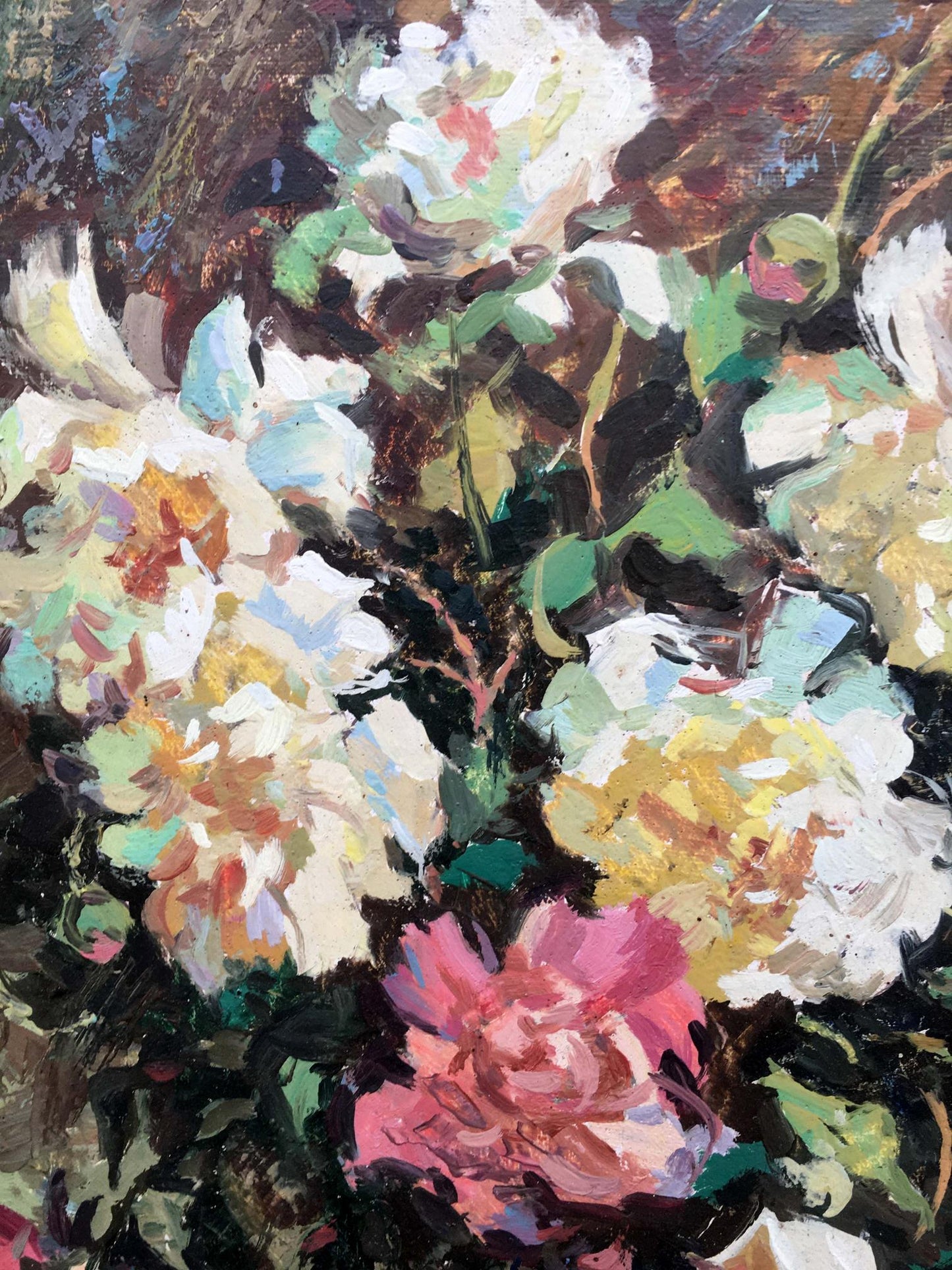Vibrant Peony oil painting by V.Khomchuk with lush flowers in white, pink, yellow