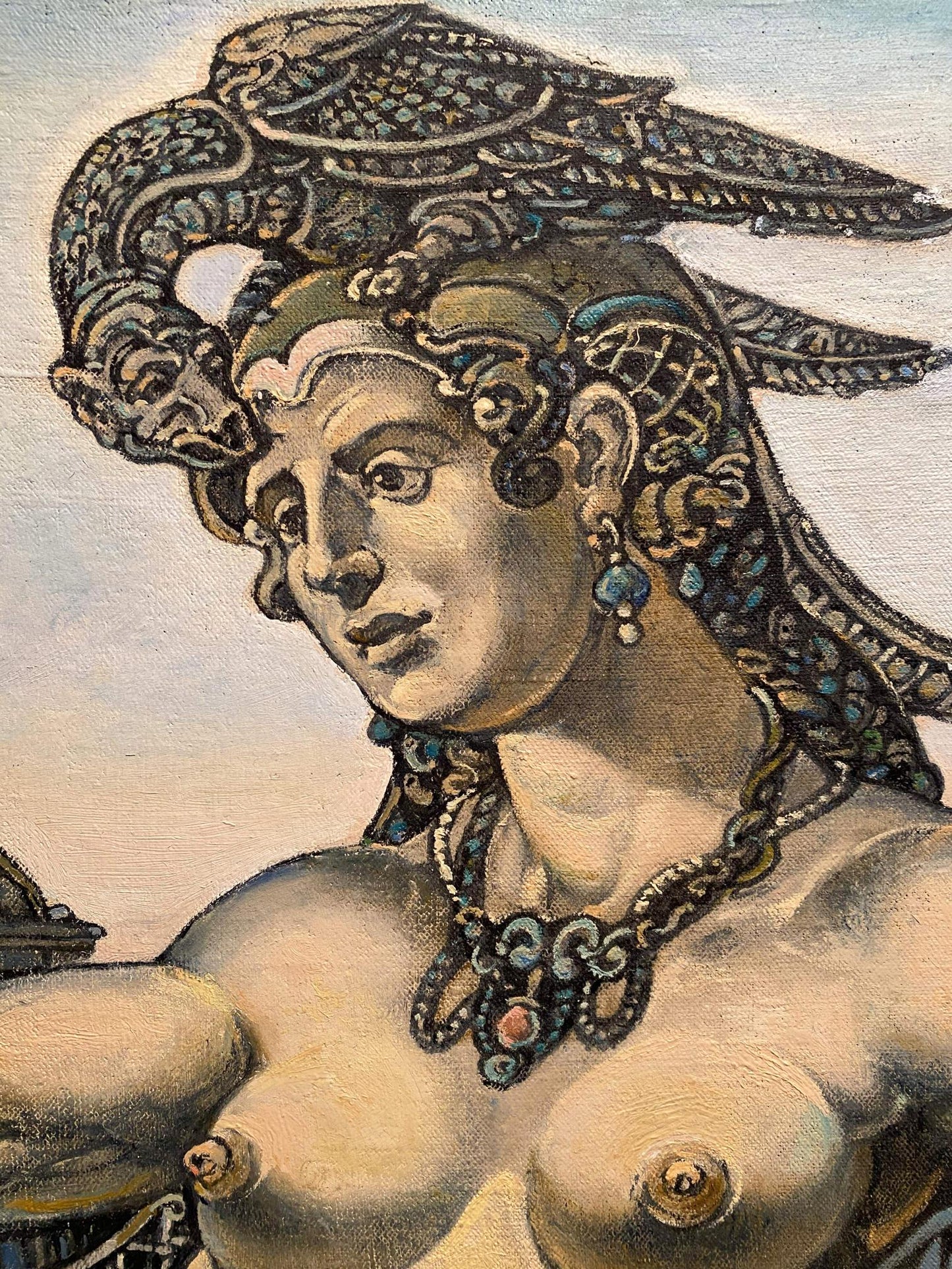 Oil painting Winter 2010 by Litvinov Oleg Arkad’yevich: classical female figure with ornate dark winged headdress and blue gemstone jewelry
