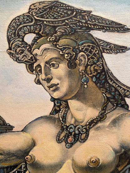 Oil painting Winter 2010 by Litvinov Oleg Arkad’yevich: classical female figure with ornate dark winged headdress and blue gemstone jewelry