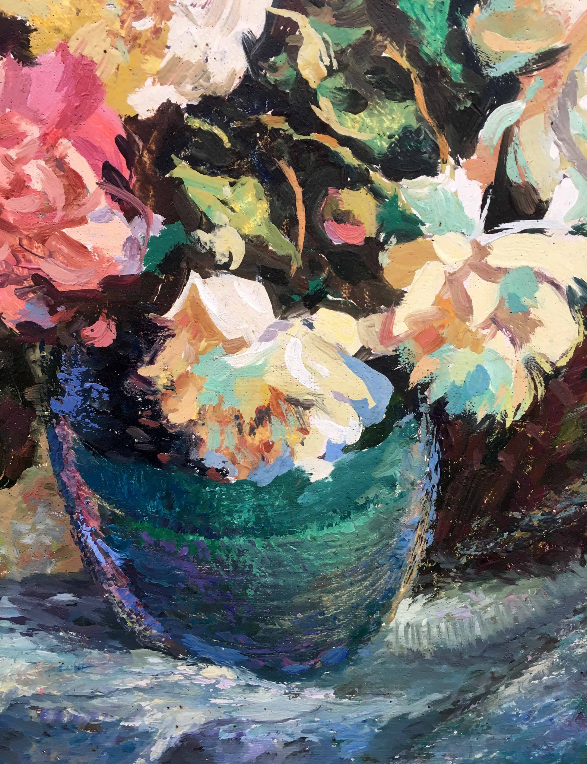 Vibrant impressionistic peony oil painting by V.Khomchuk in teal vase