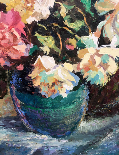 Vibrant impressionistic peony oil painting by V.Khomchuk in teal vase