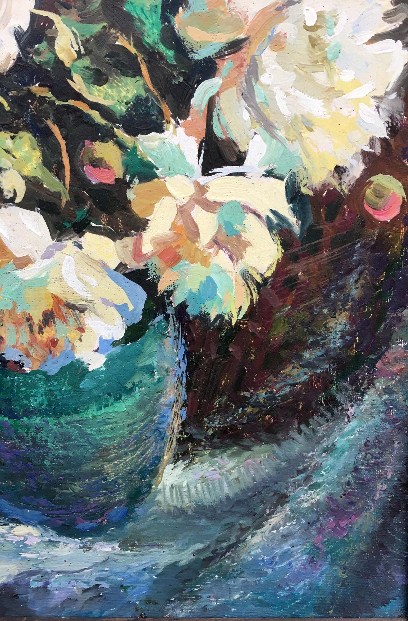 Vibrant Peony oil painting by V.Khomchuk in teal, white, earthy tones
