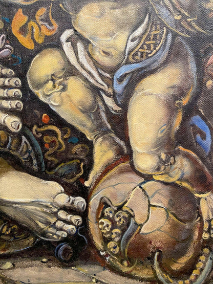 Oil painting by Litvinov Oleg Arkad’yevich: muscular figure on skull sphere