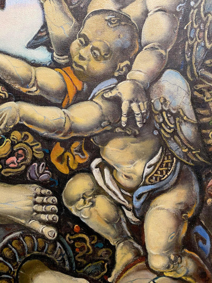 Oil painting by Litvinov Oleg Arkad’yevich of chubby bald child in orange sash