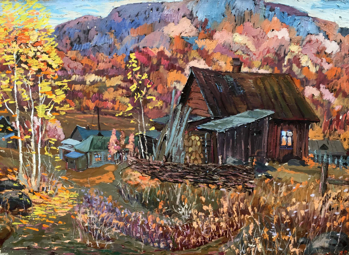 Oil painting of rustic hut in autumn forest by Iv. Geyko