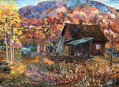 Oil painting of rustic hut in autumn forest by Iv. Geyko