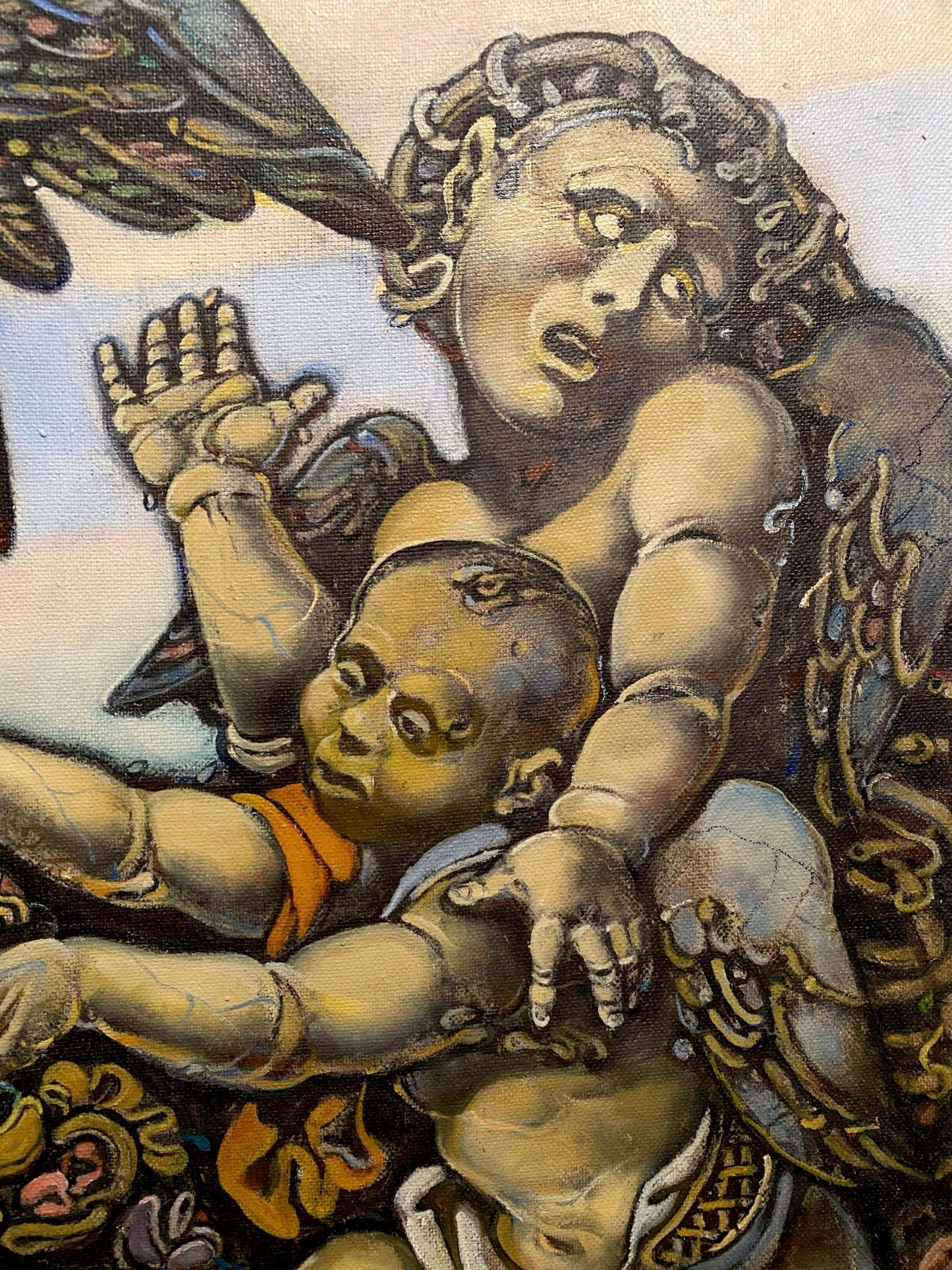 Oil painting by Litvinov Oleg Arkad’yevich: muscular winged angel holding figure