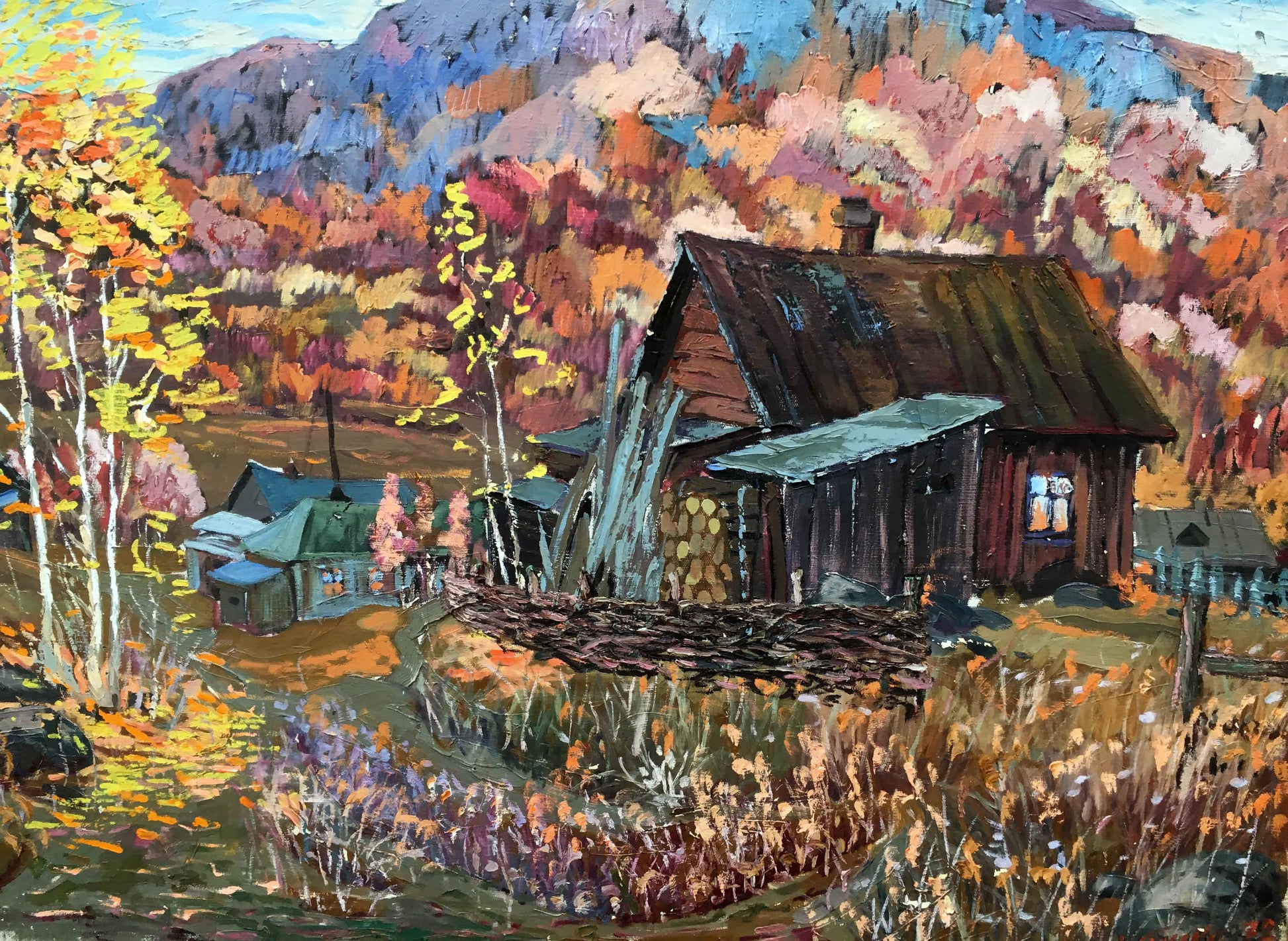 Oil painting of rustic hut in autumn forest by Iv. Geyko