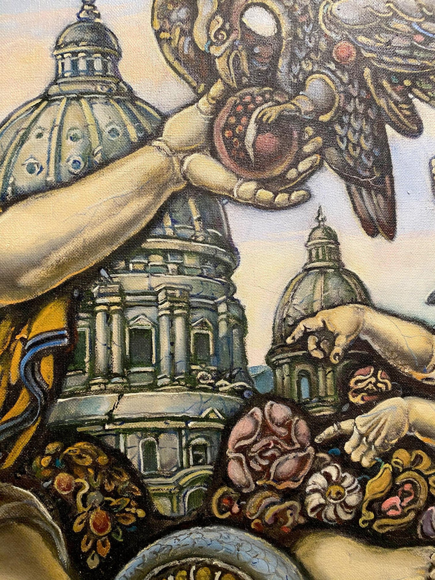 Oil painting by Litvinov Oleg Arkad’yevich: domed buildings, surreal winged creature with orb