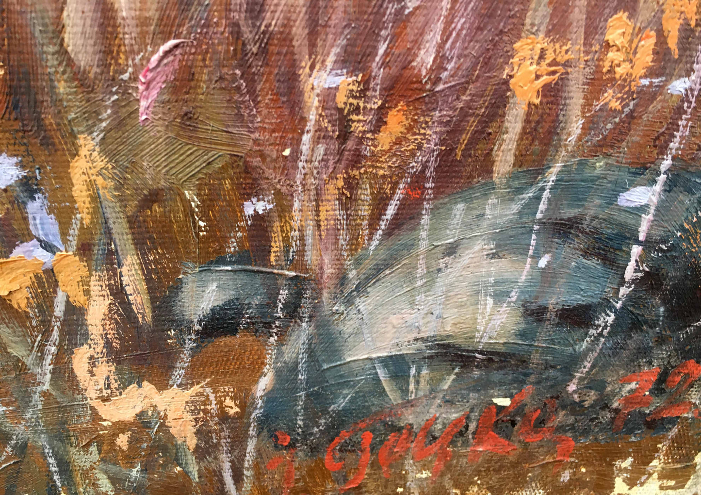 Oil painting Hut in the autumn forest Iv. Geyko with earthy textured brushstrokes