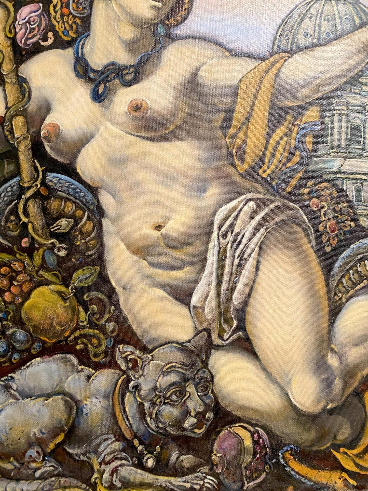 Oil painting by Litvinov Oleg Arkad’yevich: nude muscular woman in draped fabric
