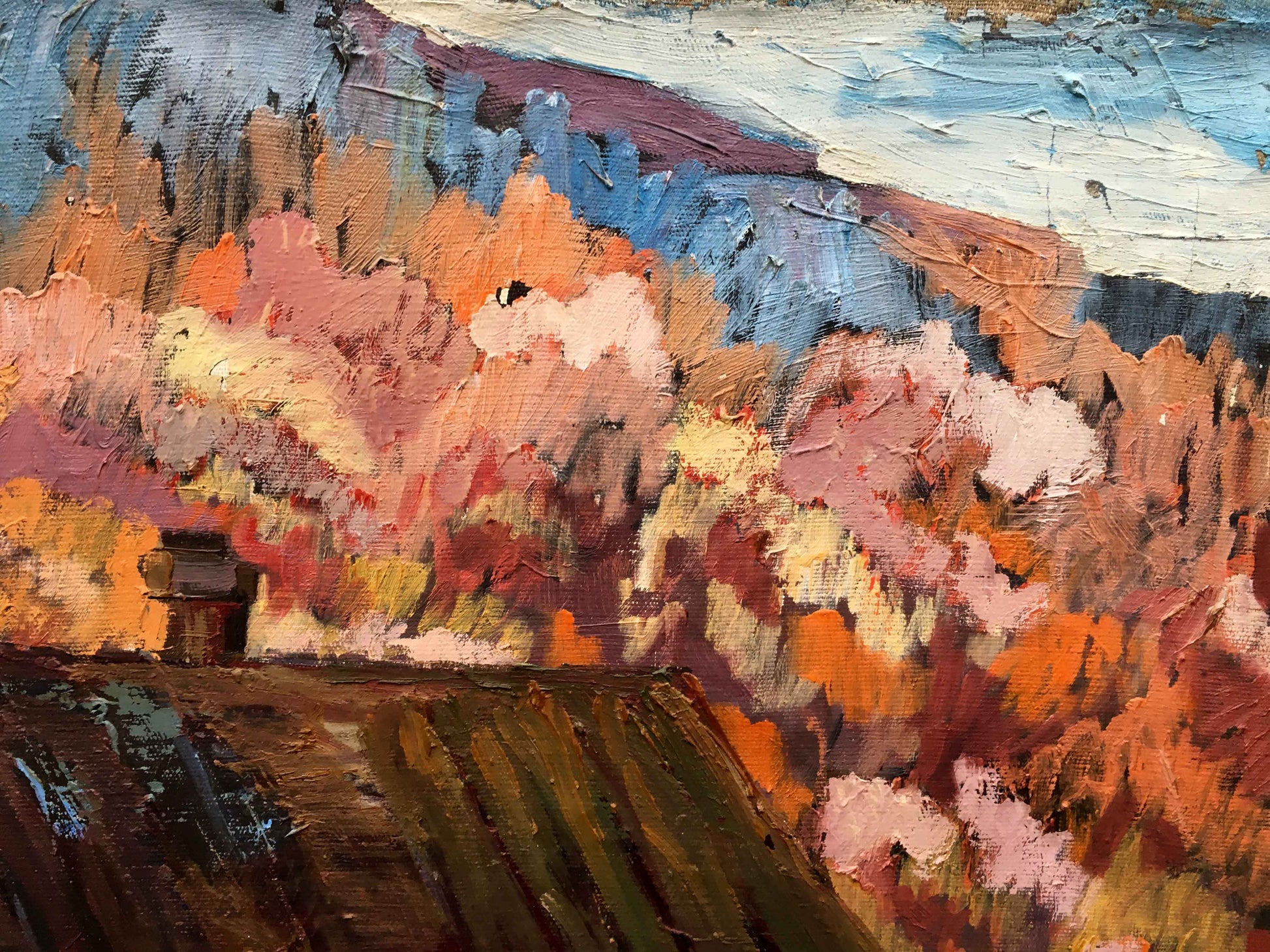 Oil painting Hut in the autumn forest Iv. Geyko textured rustic roof autumn trees