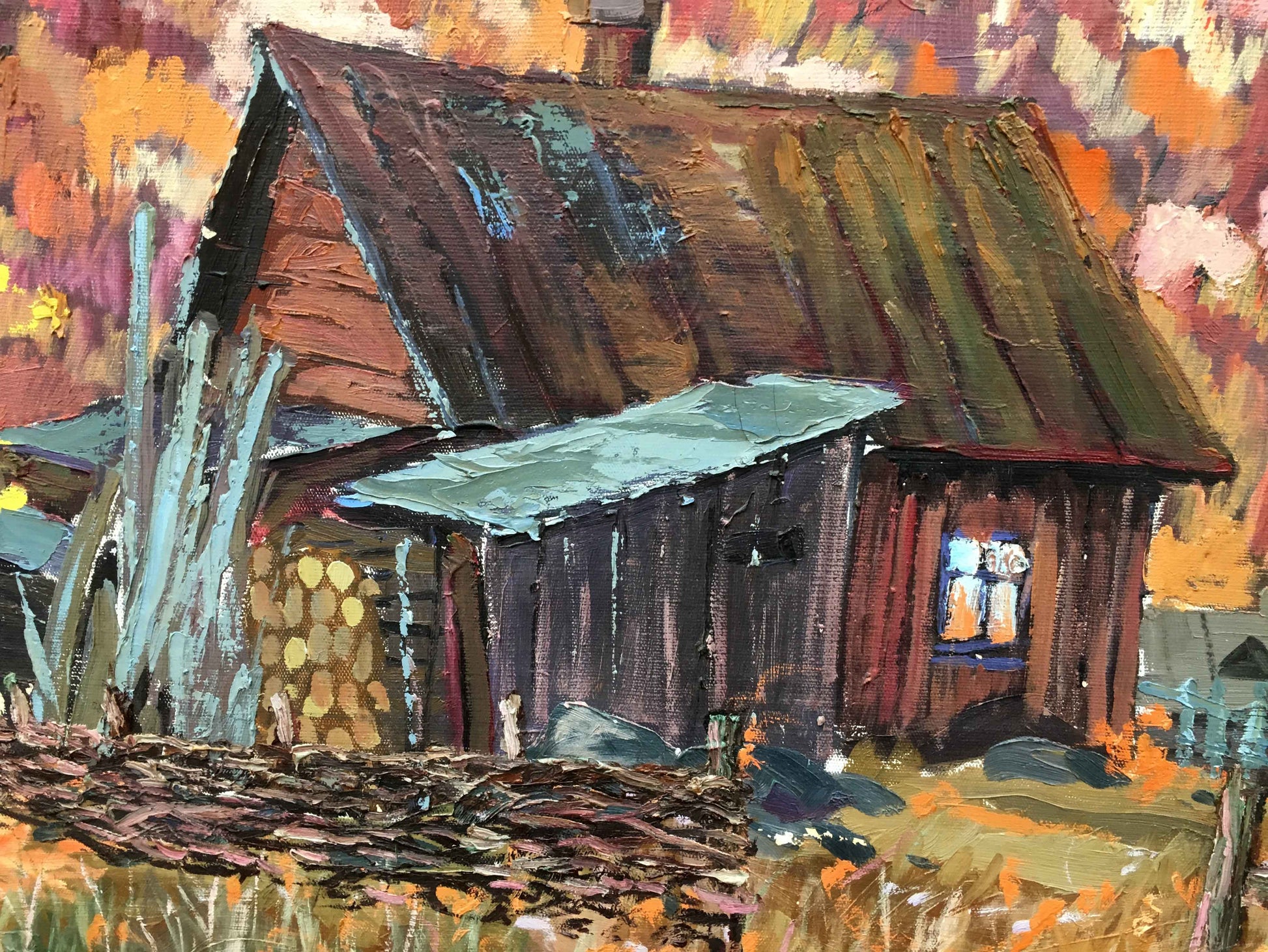 Oil painting of rustic hut in autumn forest by Iv. Geyko