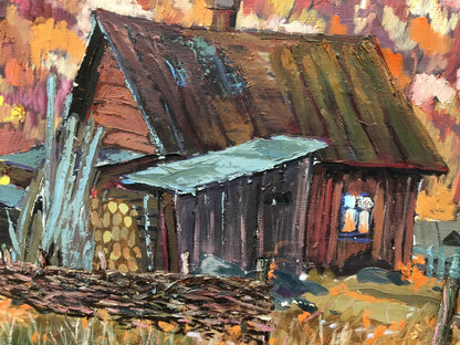 Oil painting of rustic hut in autumn forest by Iv. Geyko