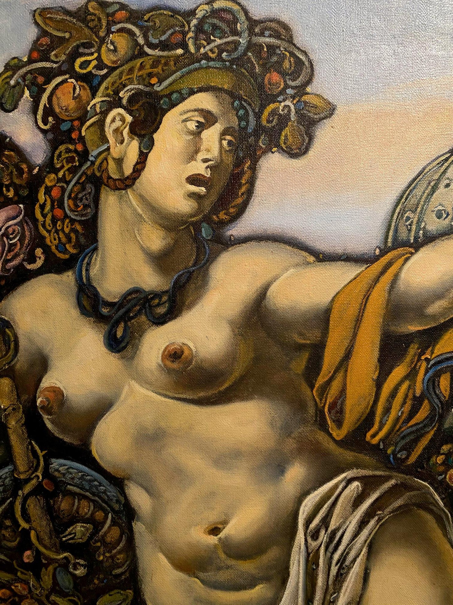 Oil painting by Litvinov Oleg Arkad’yevich: nude woman with ornate gold green headgear