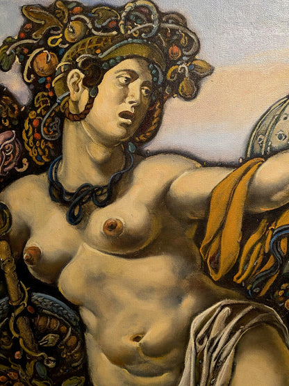 Oil painting by Litvinov Oleg Arkad’yevich: nude woman with ornate gold green headgear