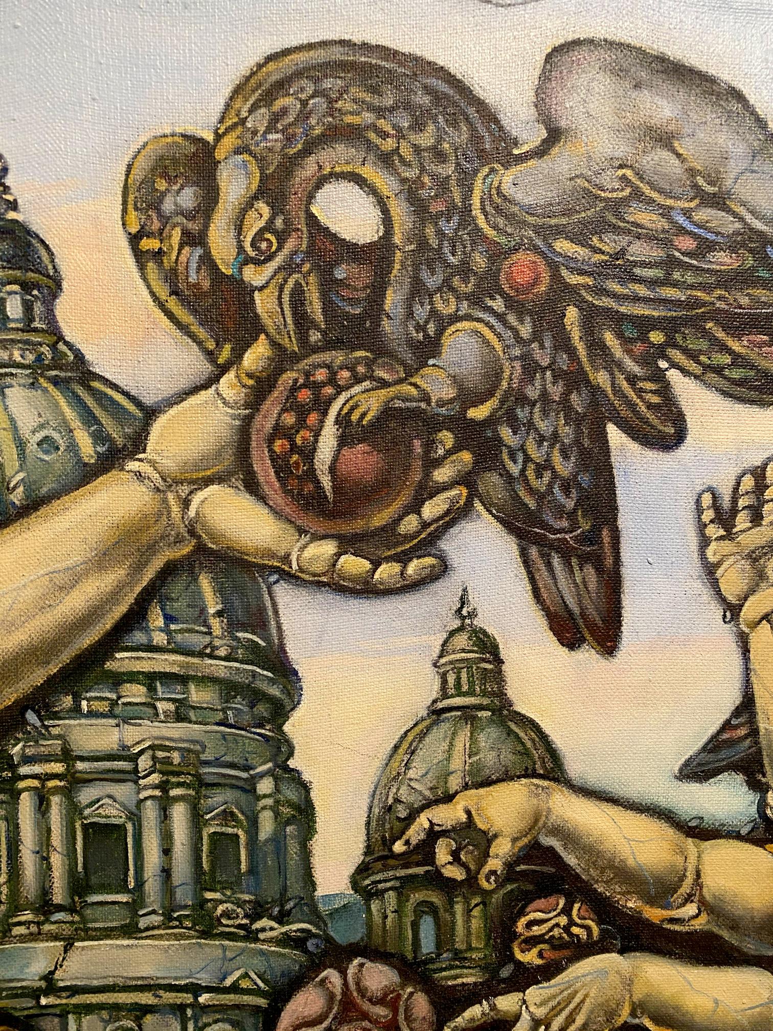 Detailed oil painting by Litvinov Oleg Arkad’yevich of dark ornate bird with golden accents holding orb