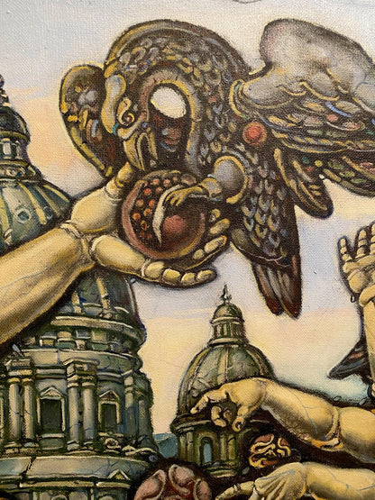 Detailed oil painting by Litvinov Oleg Arkad’yevich of dark ornate bird with golden accents holding orb