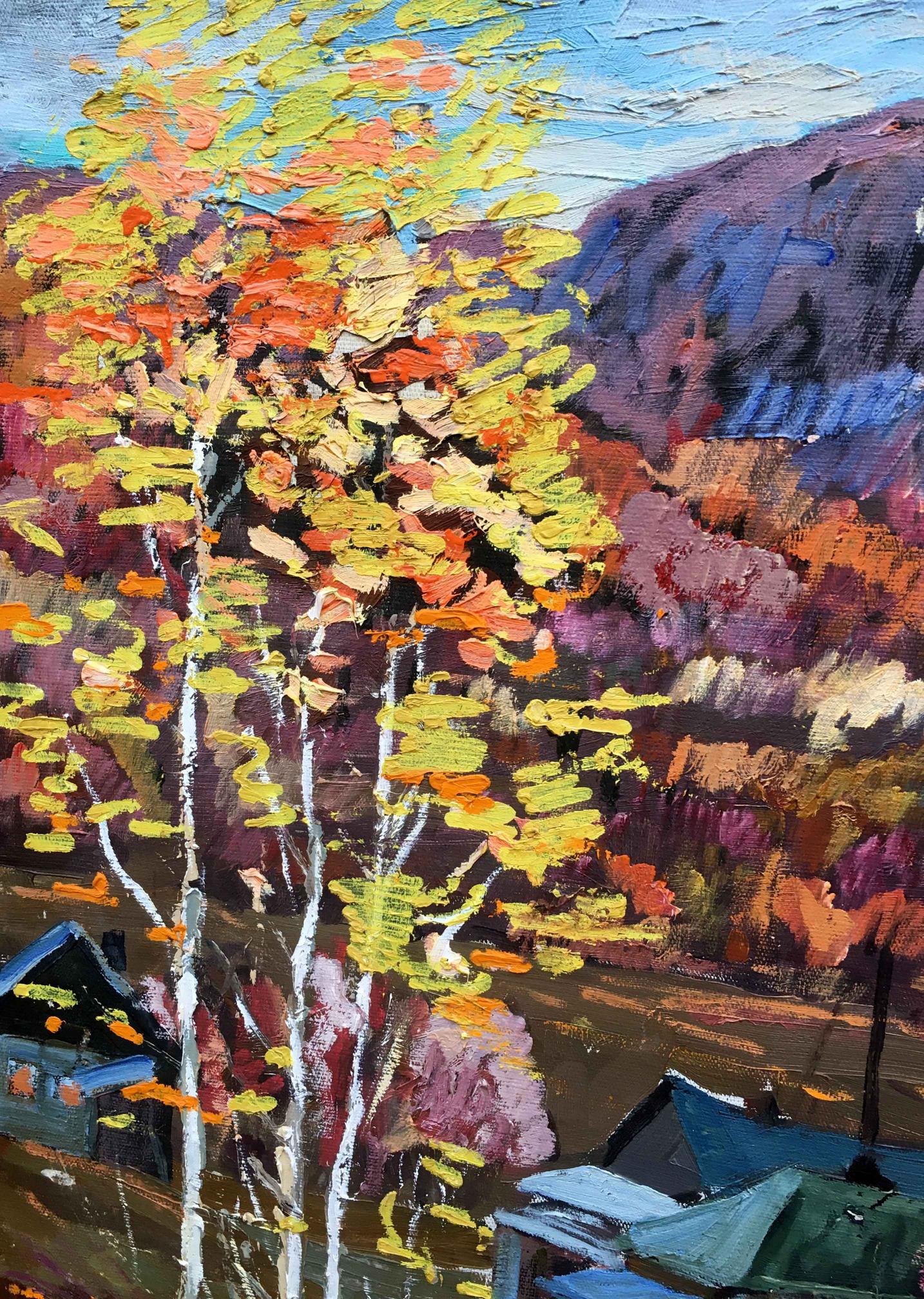 Oil painting Hut in Autumn Forest IV by Geyko: birch trees, fall foliage
