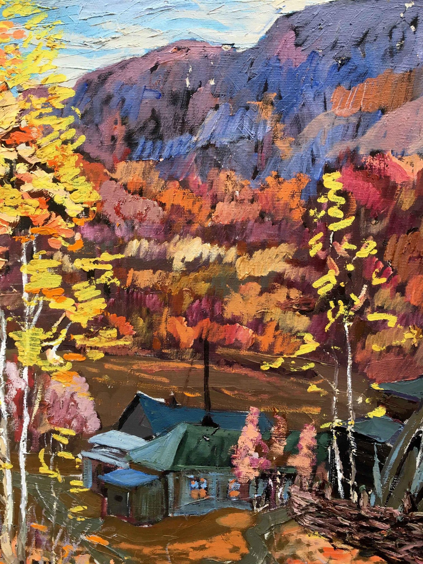 Oil painting Hut in the autumn forest Iv. Geyko vibrant cabin among colorful trees