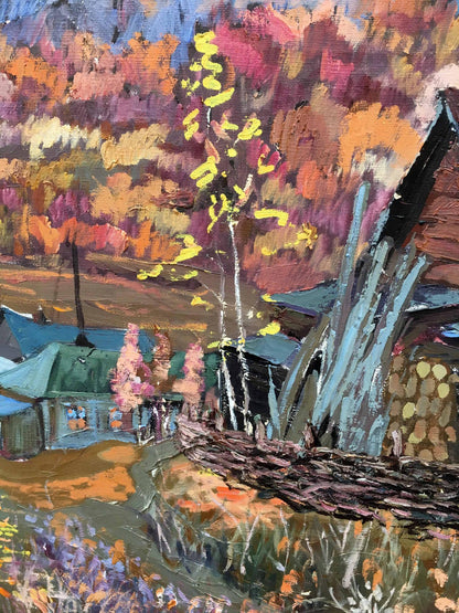 Vibrant oil painting Hut in the autumn forest Iv. Geyko with bold brushstrokes