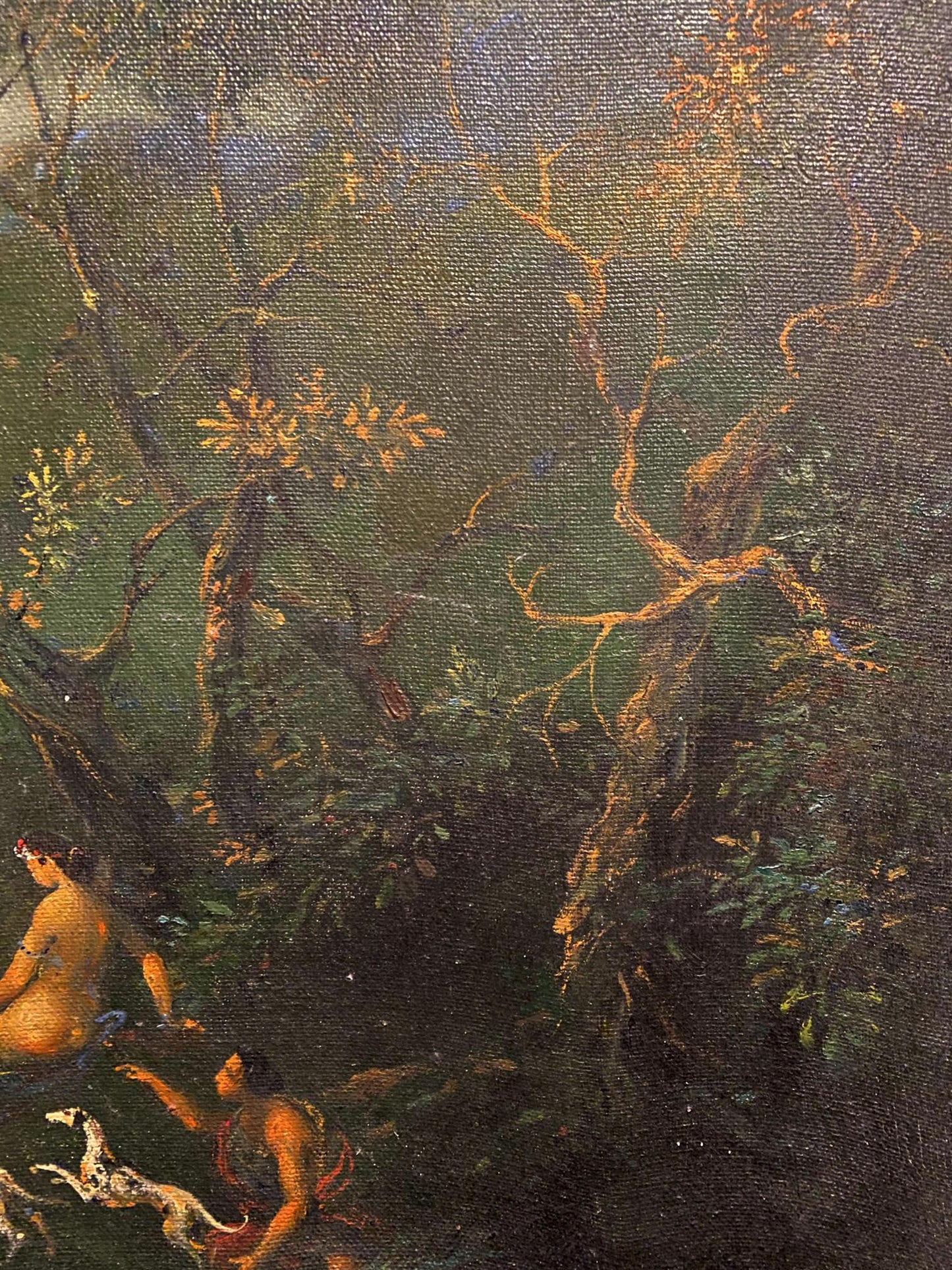 Oil painting of Bacchus and Ariadne by Litvinov Oleg Arkadyevich, dark forest scene