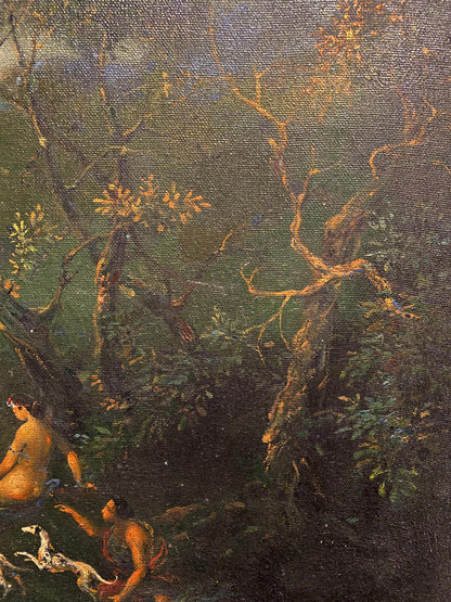 Oil painting of Bacchus and Ariadne by Litvinov Oleg Arkadyevich, dark forest scene