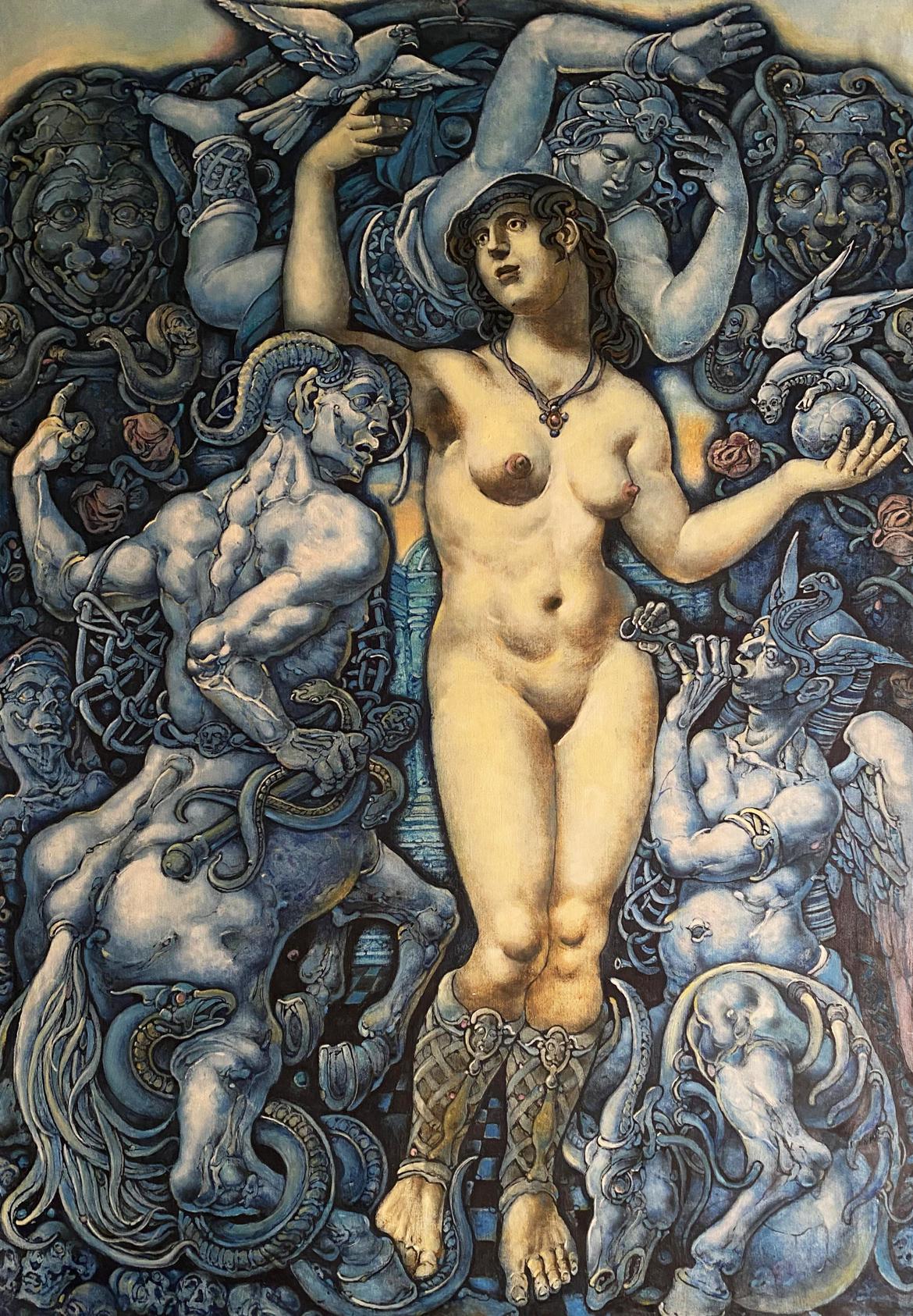 Nude woman with hat amid mythological creatures, Oleg Litvinov oil painting
