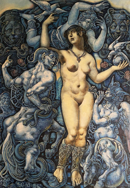 Nude woman with hat amid mythological creatures, Oleg Litvinov oil painting