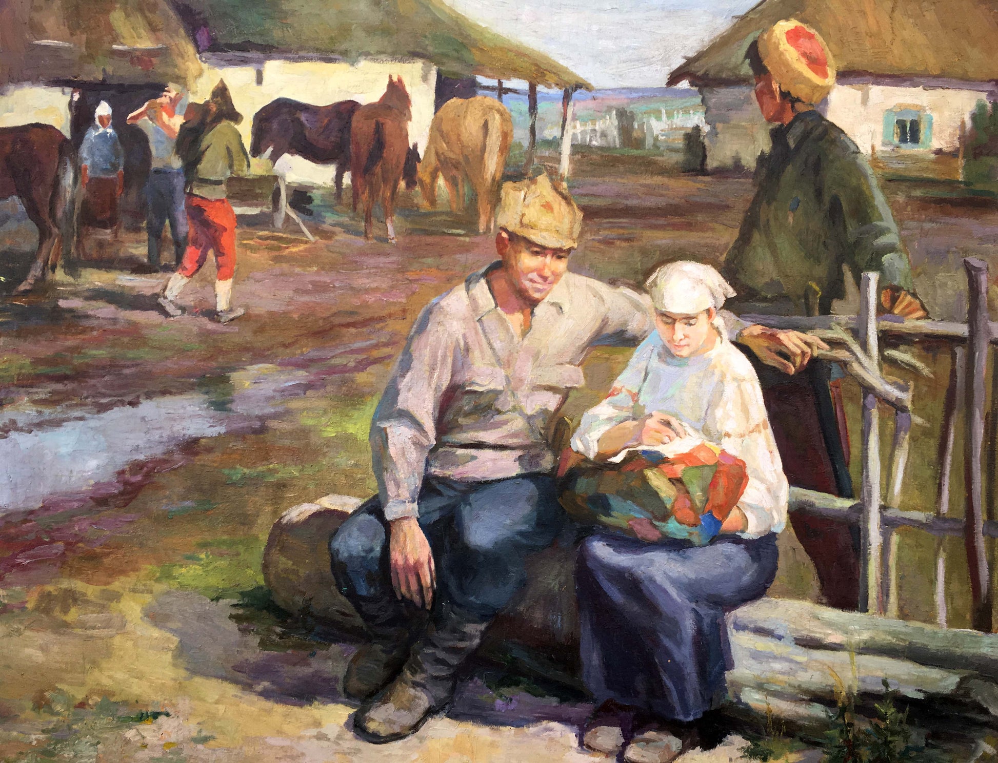 Social realism weekdays stanitsa oil painting of couple knitting on logs