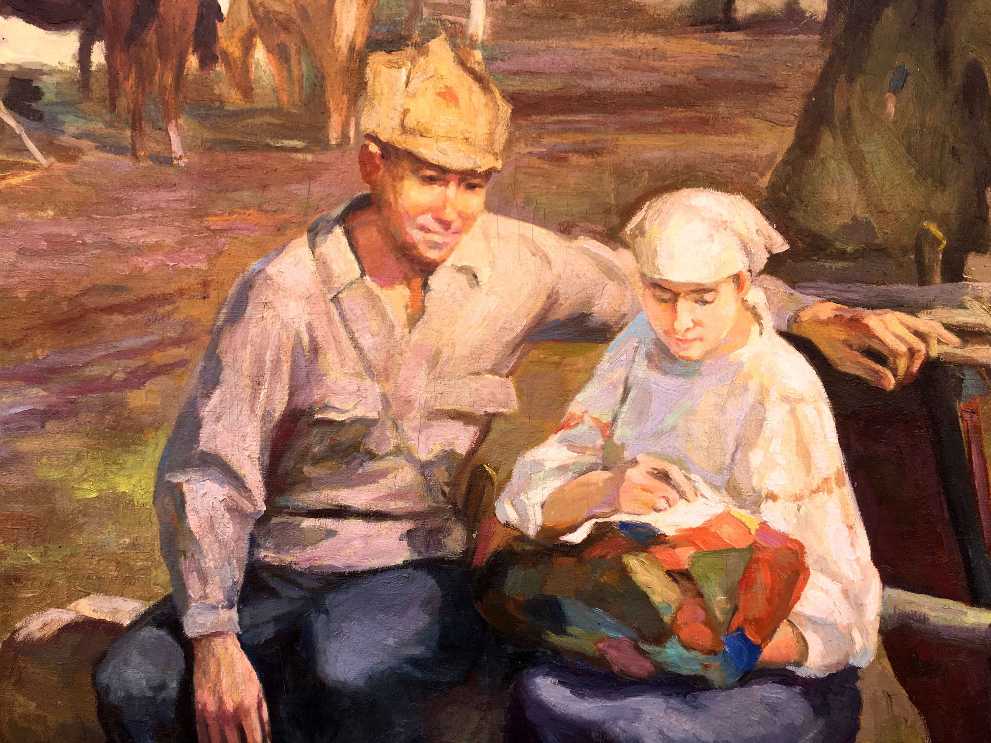 Social realism weekdays stanitsa oil painting of couple with basket