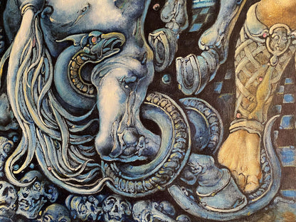 Detailed dark blue silver oil painting of serpentine mythological creature by Oleg Litvinov