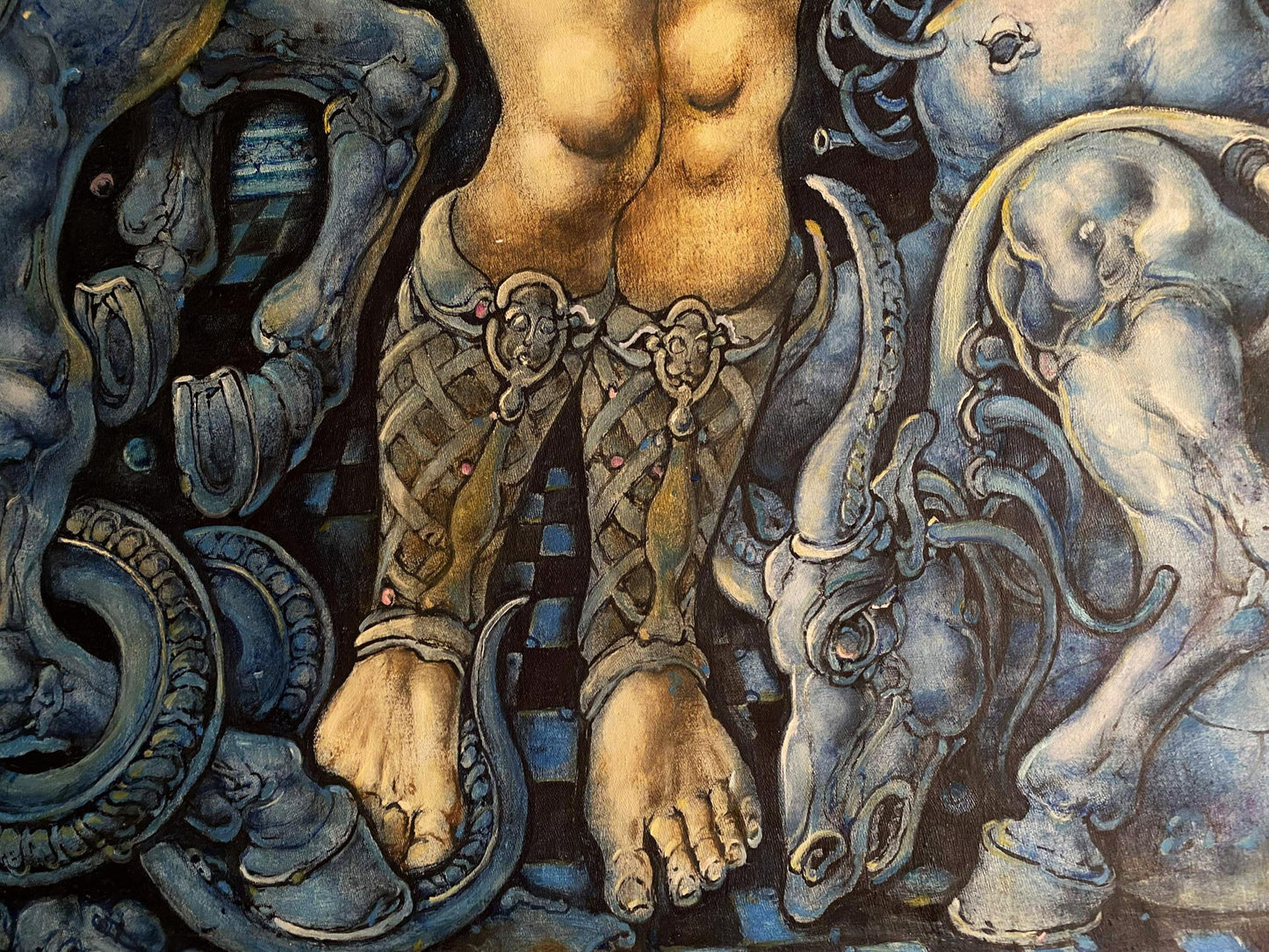Oil painting of muscular legs in golden lion-clasp armor by Oleg Litvinov