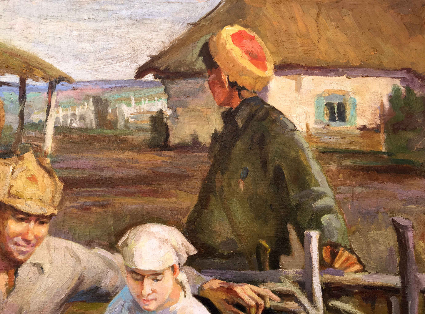Man in yellow hat with red emblem and green jacket, social realism oil painting