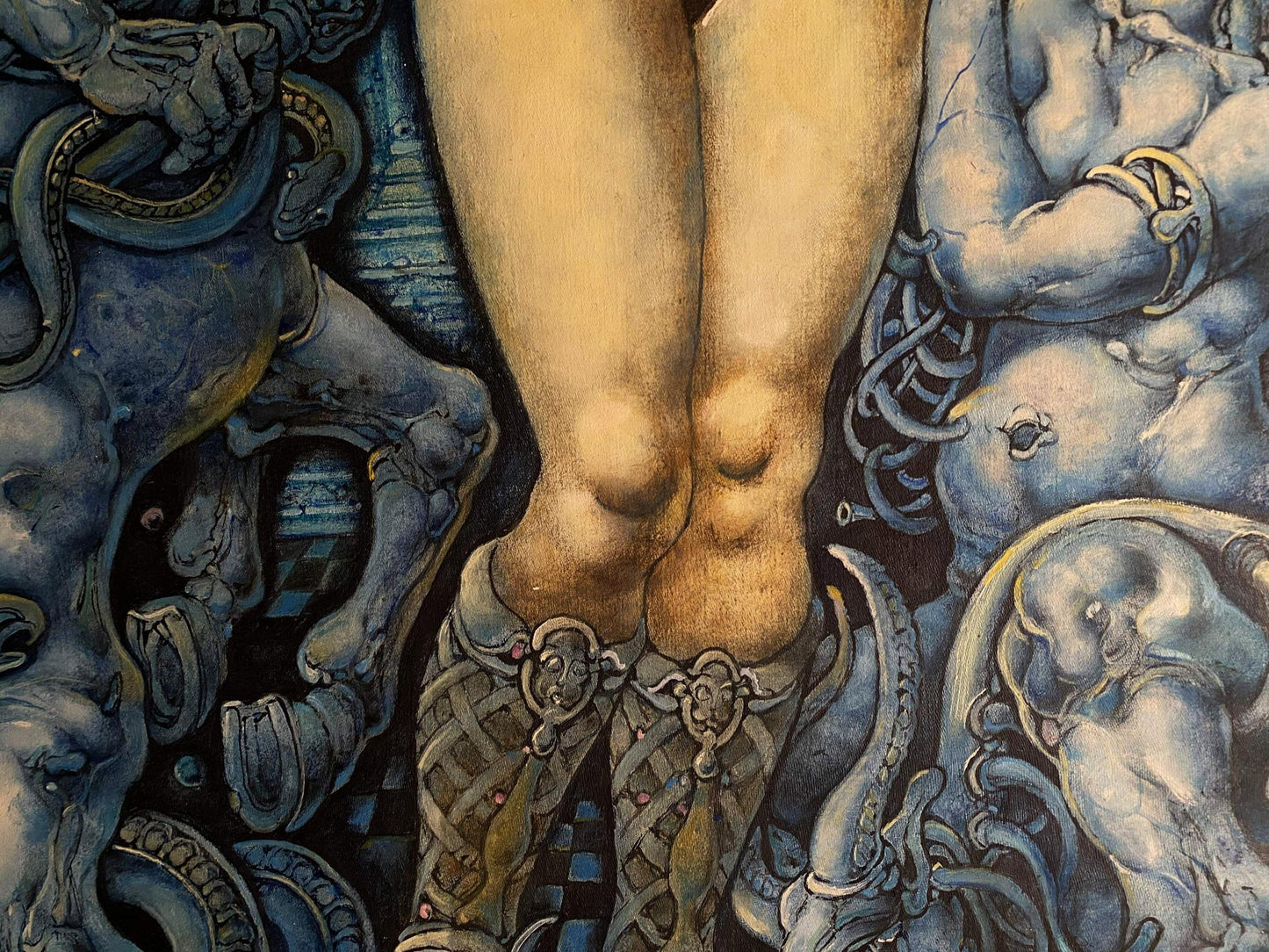 Golden ornate boots with metal buckles in Oleg Litvinov oil painting