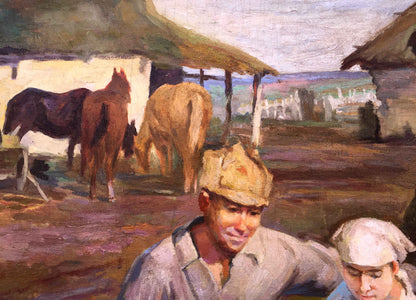 Rustic social realism oil painting of two men in stanitsa weekdays rural scene