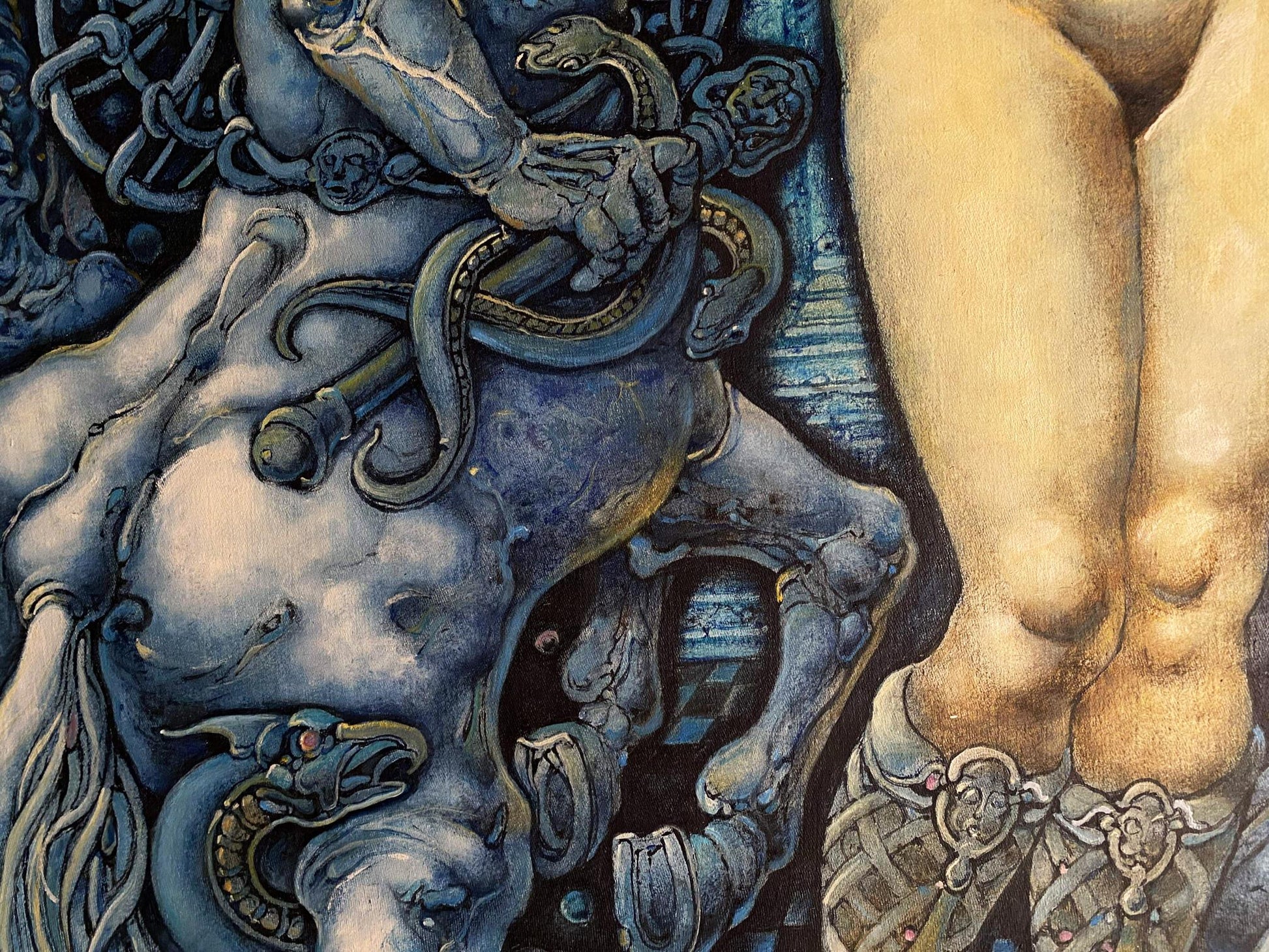 Detailed dark blue gold oil painting of mythological serpents by Oleg Litvinov