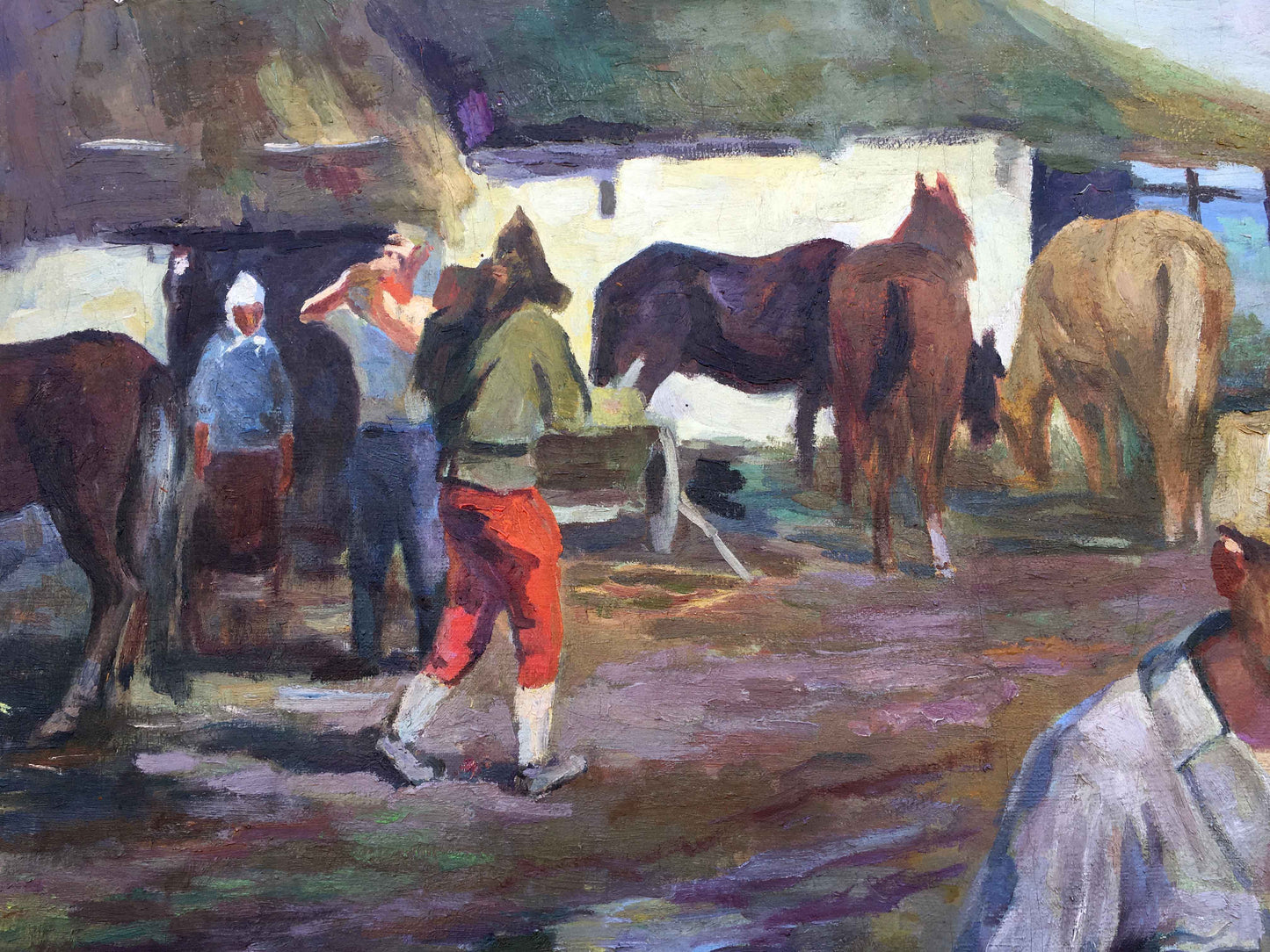 Rustic social realism oil painting of thatched stable with horses in stanitsa