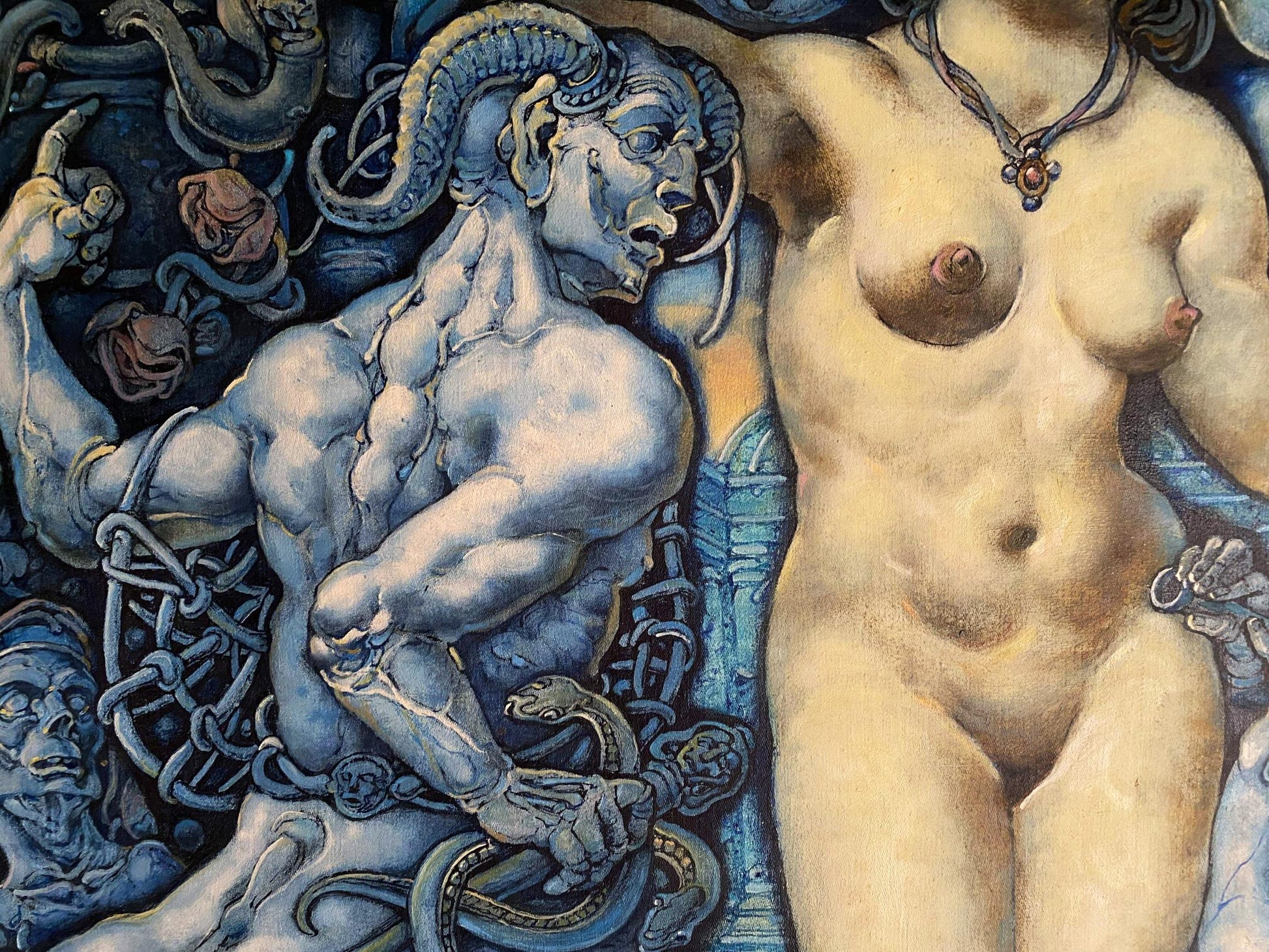 Oil painting by Oleg Litvinov: chained blue horned figure with nude woman