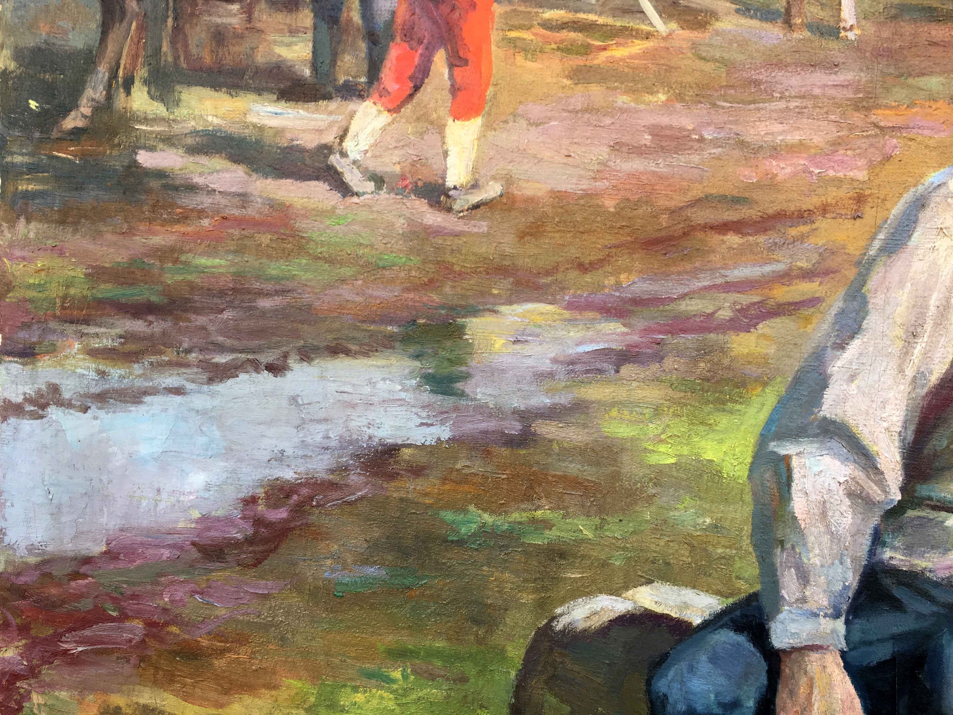 Painterly social realism oil painting of person in red trousers, white stockings walking impressionistic landscape