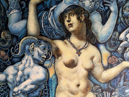 Nude woman with dark curly hair in blue headband, ornate necklace, Oleg Litvinov oil painting