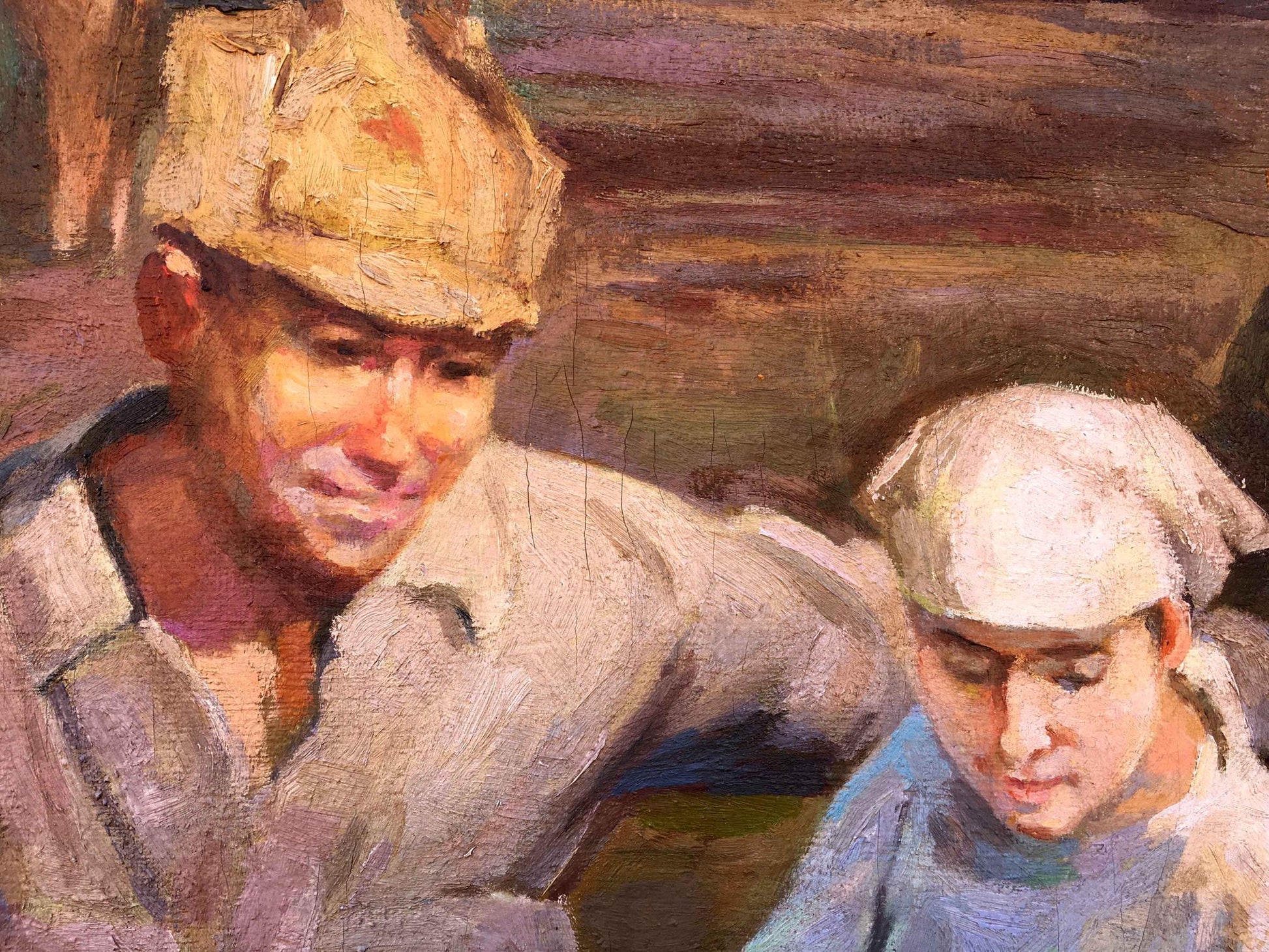 Textured earth-toned social realism oil painting of two workers in weekdays attire